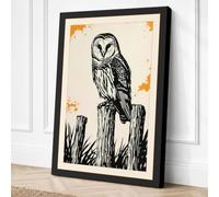 Barn Owl on Post Japandi Canvas Wall Art Print 36x24 Inch (91 x 61 cm)