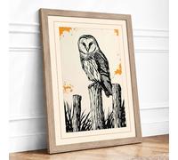 Barn Owl on Post Japandi Framed Wall Art Print A1 (84.1×59.4cm) Oak, Wall Decor for Living Room, Bedroom, Office & Home, Ready to Hang, Art Gift