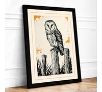 Barn Owl on Post Japandi Framed Wall Art Print A3 (42×29.7cm) Black, Wall Decor for Living Room, Bedroom, Office & Home, Ready to Hang, Art Gift