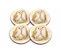 Barn Owl Pair Watercolour Art Coasters, Set of 4, 9cm Round MDF with Cork Backing, Wildlife Countryside Theme