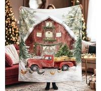 Barn Throw Blanket, Rustic Country Red Truck Chickens Christmas Red Furry Fuzzy Blankets Cozy Lightweight Decorative for Couch Sofa Bed Lap Office Chair Desk 60x80 Inch