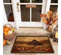 Barn Welcome Door Mat, Rustic Farmhouse Pumpkins Field Fall Orange Non-Slip Dirt Trapper Under Doormat Rug Outdoor Decor for Front Door Entryway Patio 29x17 Inch