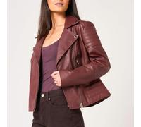 Barneys Originals Women's Burgundy Leather Ribbed Asymmetric Biker Jacket - 10