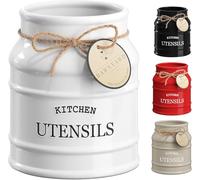 Barnyard Designs Ceramic Utensil Crock Holder for Kitchen Counter, Rustic Farmhouse Countertop Decor, French Country Organizer for Cooking Utensils, White, 15 x 17cm
