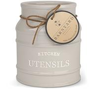 Barnyard Designs Ceramic Utensil Crock Holder for Kitchen Counter, Rustic Farmhouse Countertop Decor, French Country Organizer for Cooking Utensils, Taupe, 15 x 17cm