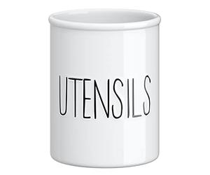 Barnyard Designs Ceramic Utensil Crock Holder for Kitchen Counter, Rustic Farmhouse Countertop Decor, French Country Organizer Caddy for Cooking Utensils, Spatulas and Mixing Spoons, White, 14 x 18cm
