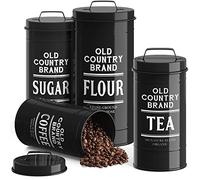 Barnyard Designs Decorative Nesting Kitchen Canister Jars with Lids, Black Metal Rustic Vintage Farmhouse Container Decor for Flour Sugar Coffee Tea Storage, Set of 4, Largest is 14 x 28.5cm