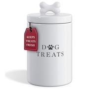 Barnyard Designs Dog Treat Jar, Large Ceramic Airtight Canister with Lid, Rustic Farmhouse Pet Food Storage Container Holder for Cookies, Biscuits, and Snacks, White, 13.5 x 23cm