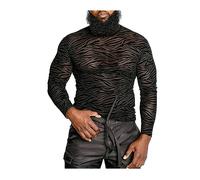 BaronHong Hot Men T Shirts Sheer Mesh Casual Muscle Blouse Vests Long Sleeve See Through Leopard Print, black, S