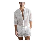 BaronHong Men's Sexy Top Shorts Suit Set Long Sleeve Lace Shirt Set Shorts Pants Hollow Outfit for Wedding Night, White, M