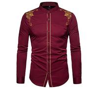 BaronHong Men's Slim Fit Long Sleeve Chinese Palace Embroidery Dress Casual Shirt(Burgundy,XL)