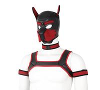 BaronHong Neoprene Dog Full Face Head Mask Kit,Novelty Costume Pup Hood Mask with Collar and Strap and Underwear Brief(red,M)