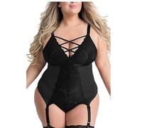 BaronHong Plus Size Bodysuit for Women Sexy Classic Teddy Lingerie Criss Cross Lace Bra One Piece Babydoll with Garter Belts, black, XXXXL