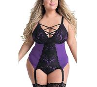 BaronHong Plus Size Bodysuit for Women Sexy Classic Teddy Lingerie Criss Cross Lace Bra One Piece Babydoll with Garter Belts, purple, XXL