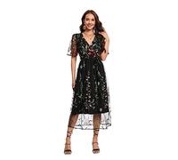 BaronHong Women's Floral Embroidered Tulle Prom Half-Sleeve V Neck Midi Dress with Waist Strap, Black(b), M