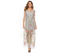BaronHong Women's Floral Embroidered Tulle Prom Maxi Dress with Cami Dress 3/4 Sleeves(LightGray,5XL)