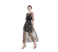 BaronHong Women's Floral Embroidered Tulle Prom Maxi Dress with Cami Dress 3/4 Sleeves(Three-Quarters-Sleeves,L) Black