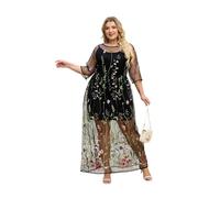 BaronHong Women's Floral Embroidered Tulle Prom Maxi Dress with Cami Dress 3/4 Sleeves(Three-Quarters-Sleeves,L) Black