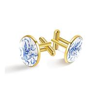 Baroque Blue Pattern Print Classic Stainless Steel Cufflinks for Mens, Suit Shirt Cuff Links Jewelry Business Wedding Gifts, Golden