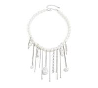 Baroque Imitation Pearl Necklace for Women Silver Tone Y Shaped Long Chain Tassel Necklace Multi Layer Liquid Metal Style Collar Statement Jewelry, L, Alloy Steel, No Gemstone