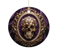 Baroque Metal Skull Double-Sided Ceramic Christmas Ornaments - Round Hanging Mini Xmas Tree Decorations, Ideas for Farmers, Rustic Home Decor for Indoor Outdoor Tree Decor