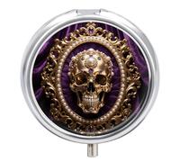 Baroque Metal Skull Pill Box 3-Compartment Travel Pill Organizer Portable Round Medicine Case with Mirror Design for Vitamins, Jewelry & Essentials Durable Pocket Pillbox for Purse, Camping
