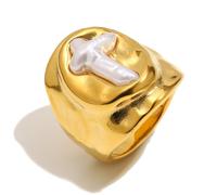 Baroque Pearl Cross Chunky Statement Ring for Women Men Stainless Steel Keshi Beachy Pearl Faith Religion Wide Irregular Dome Fashion Trendy Thumb Finger Band Unique Christian Jewelry for Mother, 24mm