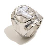 Baroque Pearl Cross Chunky Statement Ring for Women Men Stainless Steel Keshi Beachy Pearl Faith Religion Wide Irregular Dome Fashion Trendy Thumb Finger Band Unique Christian Jewelry for Mother, 24mm