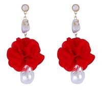 Baroque Pearl Dangle Earrings for Women Red Fabric Flower Gold Tone Accent Statement Jewelry, Romantic Vintage Style Earrings for Wedding Guest, Date Night & Brunch Outfits