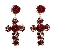Baroque Rose Cross Earrings Unique Charm Romantic Gothic Flower Dangle Earring Vintage Red 3D Cross Rose Flower Charm Jewelry for Women,Party