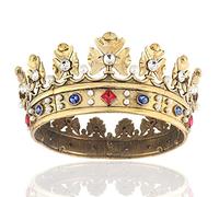 Baroque Royal Crown Men's Metal Prince Hair Crown Full Circle Birthday Party Hair Accessories For Cosplay Prom Quinceanera (Large Size 7.28" Diameter, Dark Gold With Colorful Stone)