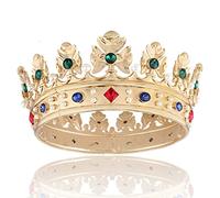 Baroque Royal Men's Metal Crown - Full Circle Prince Hair Crown for Birthday Party Cosplay Prom Pageant (Gold with Green Stone)