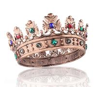 Baroque Royal Metal Crown for Men - Full Circle Prince Hair Crown Accessory for Birthday, Cosplay, Prom, Party - Bronze with Colorful Stone