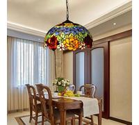 Baroque Stained Glass Pull Chain Pendant Lamp 16 Inch Antique Creative Red Yellow Mission Rose Shade Hanging Lamp for Dining Room Bedroom Porch,A