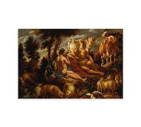 Baroque Wall Art Print Mercury Playing Argus to Sleep with His Flute, with Io Transformed Into A White Heifer by Jacob Jordaens (1648) - Mythological Scene with Heifer And Flute Player Wall Art Pictur