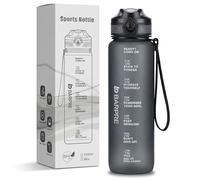 Barpre 1L Water Bottle Matte Grey - 1000ml Leakproof Tritan(true) Sports Bottle with Strainer - BPA Free, One Click Open Gym Bottle for School, Office & Outdoor - Portable Strap & Time Markings