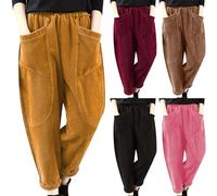 Barrel Cropped Pants, Women'S Baggy Corduroy Pants Solid Color Cropped Trousers With Pockets Casual Versatile Wide Leg Jeans Winter Warm Leisure Trousers Vintage Trouser Mid-Rise Cord Pant