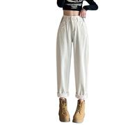 Barrel Jeans Women's Baggy Wide Leg Jeans Mid Waist Balloon Horseshoe Baggy Jeans Cropped Raw Hem Boyfriend Jeans Women's Loose Y2K Casual Streetwear Denim Summer, White, L