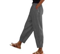 Barrel Leg Trousers Womens, Linen Trousers Womens Petite Summer Elasticated Waist Short Leg Loose Cotton 3/4 Lounge Pants Plain Capri Casual Straight Leg Bottoms with Pockets Dark Gray 5XL