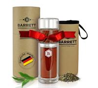 Barrett Tea Infuser Bottle - 300ml Glass Water Flask with integrated Stainless Steel Tea Strainer - Hot & Cold Brew Tea Bottle - Iced Tea & Smoothie To Go, incl. Neopren Protective Sleeve.
