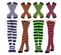 Barrlves 2/4 Sets Womens Striped Knee High Socks Long Knitted Arm Warmers Fingerless Gloves for Halloween Costume, 4sets Striped Black+red+green+rose, One Size