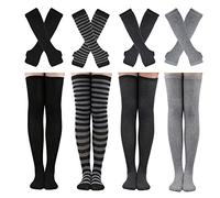 Barrlves 4 Sets Womens Striped Knee High Socks Long Knit Arm Warmers Fingerless Gloves for Halloween Costume, 4sets Solid Black+white+deepgrey+grey, One Size