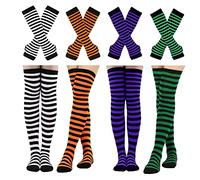Barrlves 4 Sets Womens Striped Knee High Socks Long Knit Arm Warmers Fingerless Gloves for Halloween Costume, 4sets Striped Black+orange+purple+green, One Size