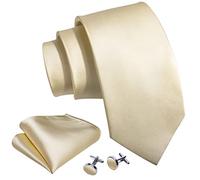 Barry.Wang Beige Tie Mens Silk Satin Necktie Pocket Square Cufflinks Set Wedding Formal