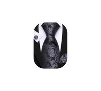 Barry.Wang Black Gray Tie Mens Silk Paisley Necktie Pocket Square Cufflinks Set Formal Wedding Party
