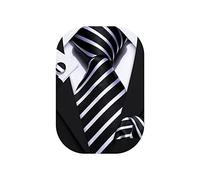 Barry.Wang Black White Stripe Ties for Men Formal Business Handkerchief Cufflinks