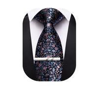 Barry.Wang Floral Ties for Men Necktie and Tie Clip Wedding Business Flower Solid Color Formal, Black Pink, One Size
