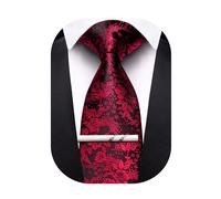 Barry.Wang Floral Ties for Men Necktie and Tie Clip Wedding Business Flower Solid Color Formal, Black Red, One Size