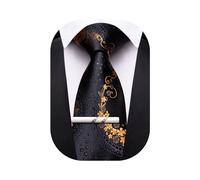 Barry.Wang Floral Ties for Men Necktie and Tie Clip Wedding Business Flower Solid Color Formal, Gold Black, One Size
