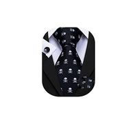 Barry.Wang Halloween Ties for Men Skull Black White Silk Necktie Pocket Square Cufflinks Set Costume Party Cosplay Props